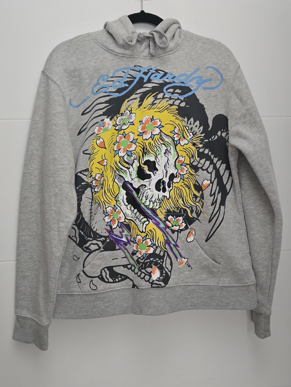 Ed Hardy Gray Floral Skull Graphic Hoodie Size S